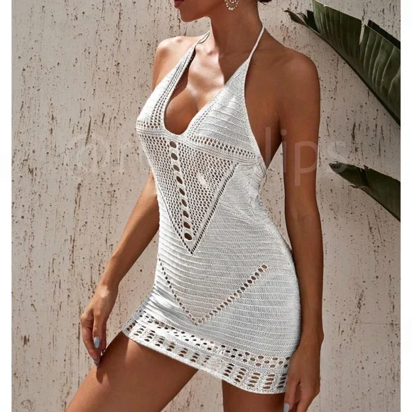 White Crochet Knit Halter Mini Swim Beach Coverup Dress - Picture 1 of 5